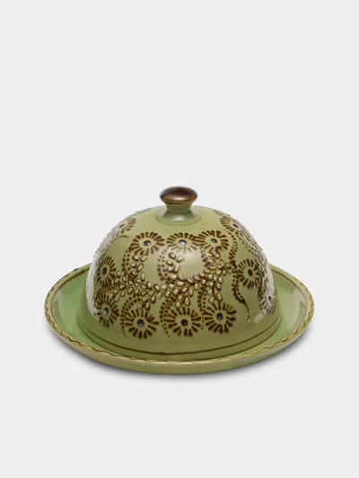 Poterie D’évires Poterie D'évires Flowers Hand-painted Ceramic Large Lidded Butter Dish In Green