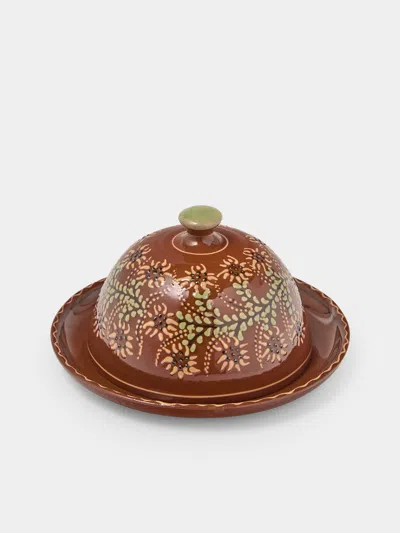 Poterie D’évires Poterie D'évires Flowers Hand-painted Ceramic Large Lidded Butter Dish In Brown