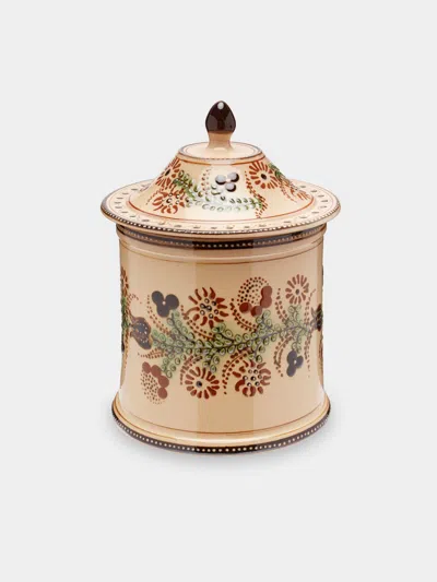 Poterie D’évires Flowers Hand-painted Ceramic Medium Lidded Pot Poterie D'évires Abask Luxury Gift In Neutral