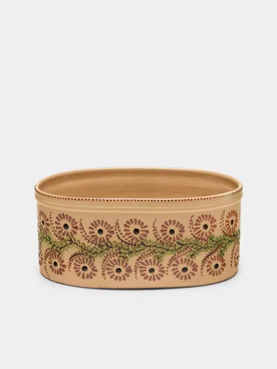 Poterie D’évires Poterie D'évires Flowers Hand-painted Ceramic Oval Serving Dish In Multi