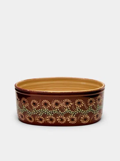 Poterie D’évires Flowers Hand-painted Ceramic Oval Serving Dish Poterie D'évires Abask Luxury Gift In Brown