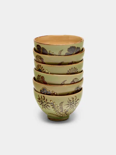 Poterie D’évires Poterie D'évires Flowers Hand-painted Ceramic Petite Bowls (set Of 6) In Yellow