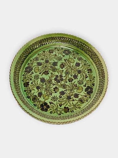 Poterie D’évires Flowers Hand-painted Ceramic Round Platter Poterie D'évires Abask Luxury Gift In Green