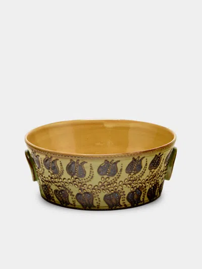 Poterie D’évires Poterie D'évires Flowers Hand-painted Ceramic Small Handled Serving Bowl In Multi