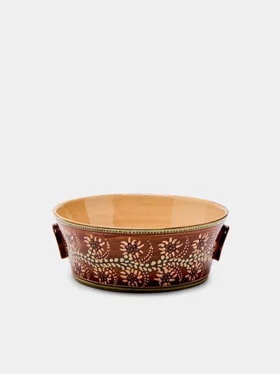 Poterie D’évires Flowers Hand-painted Ceramic Small Handled Serving Bowl Poterie D'évires Abask Luxury Gift In Brown