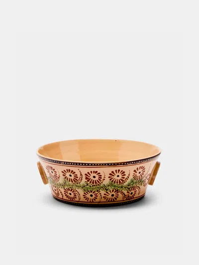 Poterie D’évires Flowers Hand-painted Ceramic Small Handled Serving Bowl Poterie D'évires Abask Luxury Gift In Brown