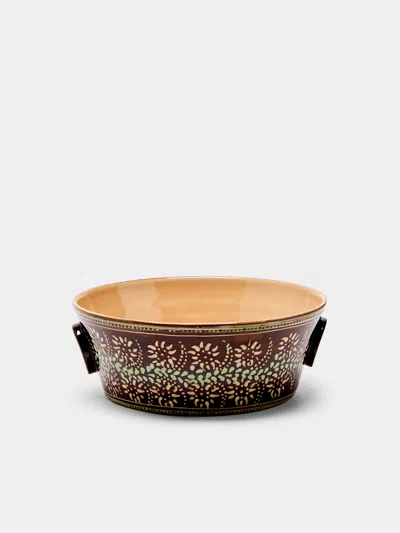 Poterie D’évires Flowers Hand-painted Ceramic Small Handled Serving Bowl Poterie D'évires Abask Luxury Gift In Brown
