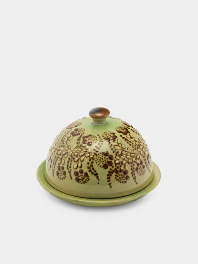 Poterie D’évires Poterie D'évires Flowers Hand-painted Ceramic Small Lidded Butter Dish In Green