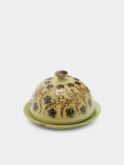 Poterie D’évires Poterie D'évires Flowers Hand-painted Ceramic Small Lidded Butter Dish In Green