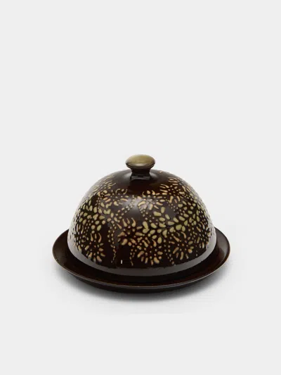 Poterie D’évires Poterie D'évires Flowers Hand-painted Ceramic Small Lidded Butter Dish In Multi