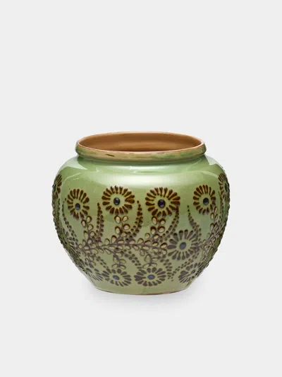 Poterie D’évires Poterie D'évires Flowers Hand-painted Ceramic Vase (5in/13cm) In Green