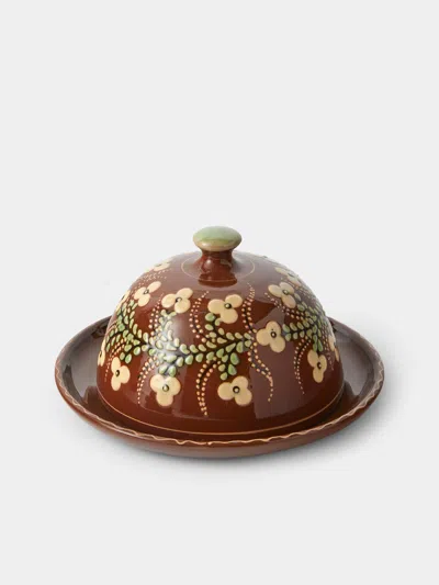 Poterie D’évires Poterie D'évires Flowers Hand-painted Ceramic Butter Dish In Brown