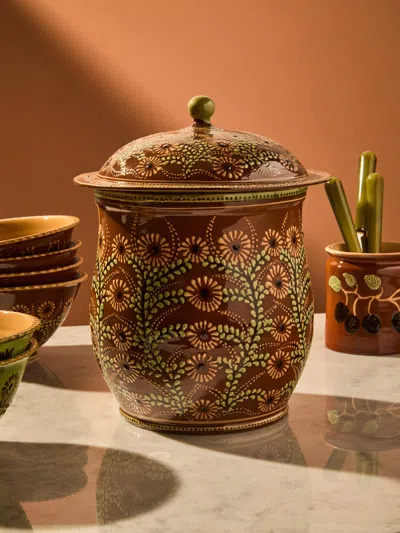 Poterie D’évires Poterie D'évires Flowers Hand-painted Ceramic Curved Lidded Pot In Brown