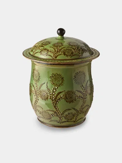 Poterie D’évires Poterie D'évires Flowers Hand-painted Ceramic Curved Lidded Pot In Green