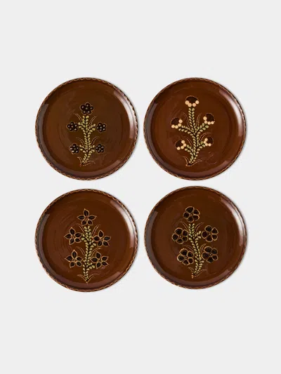 Poterie D’évires Poterie D'évires Flowers Hand-painted Ceramic Dinner Plates - 9.5in/24cm (set Of 4) In Brown