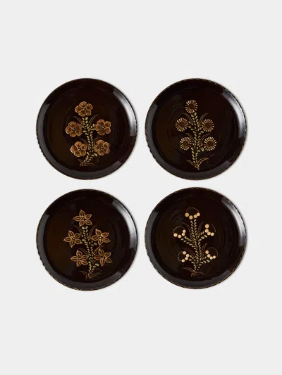 Poterie D’évires Poterie D'évires Flowers Hand-painted Ceramic Dinner Plates - 9.5in/24cm (set Of 4) In Brown