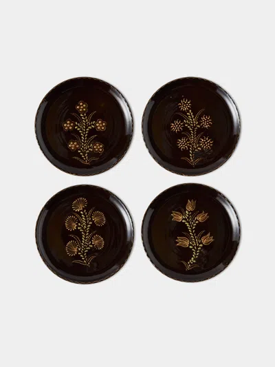 Poterie D’évires Poterie D'évires Flowers Hand-painted Ceramic Dinner Plates - 9.5in/24cm (set Of 4) In Brown