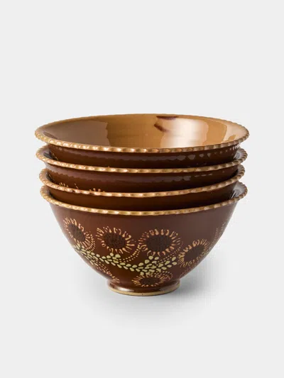Poterie D’évires Poterie D'évires Flowers Hand-painted Ceramic Fluted Bowls (set Of 4) In Brown