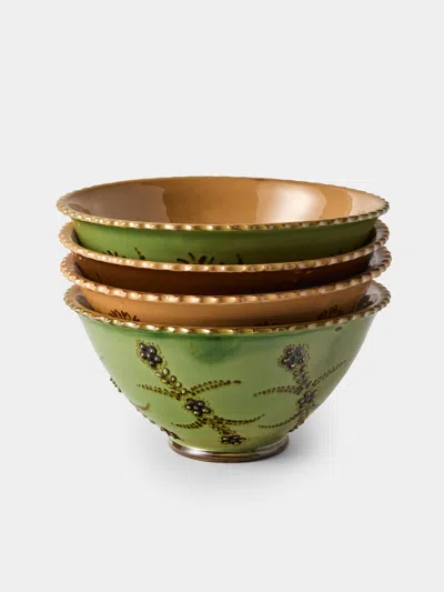 Poterie D’évires Poterie D'évires Flowers Hand-painted Ceramic Fluted Bowls (set Of 4) In Green