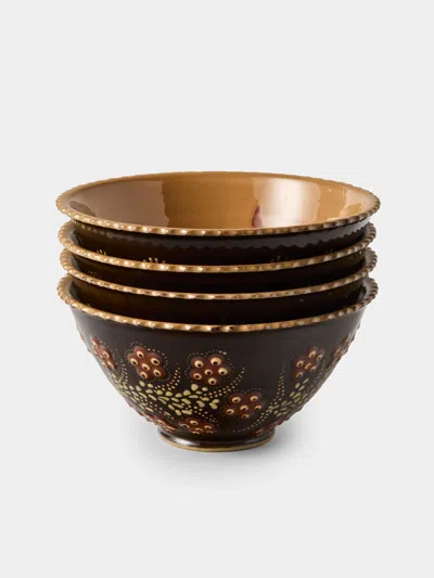 Poterie D’évires Poterie D'évires Flowers Hand-painted Ceramic Fluted Bowls (set Of 4) In Brown