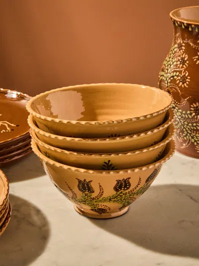 Poterie D’évires Poterie D'évires Flowers Hand-painted Ceramic Fluted Bowls (set Of 4) In Brown