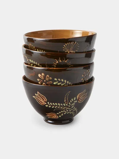 Poterie D’évires Poterie D'évires Flowers Hand-painted Ceramic Grand Bowls (set Of 4) In Brown