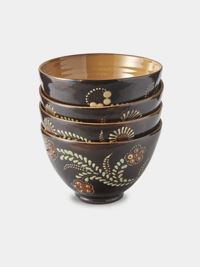 Poterie D’évires Poterie D'évires Flowers Hand-painted Ceramic Grand Bowls (set Of 4) In Brown