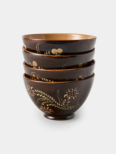 Poterie D’évires Poterie D'évires Flowers Hand-painted Ceramic Grand Bowls (set Of 4) In Brown