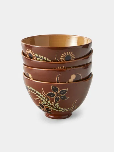 Poterie D’évires Poterie D'évires Flowers Hand-painted Ceramic Grand Bowls (set Of 4) In Brown