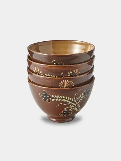Poterie D’évires Poterie D'évires Flowers Hand-painted Ceramic Grand Bowls (set Of 4) In Brown