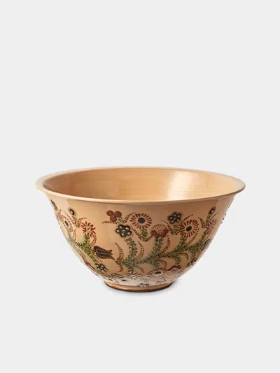 Poterie D’évires Poterie D'évires Flowers Hand-painted Ceramic Grand Salad Bowl In Brown