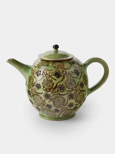 Poterie D’évires Poterie D'évires Flowers Hand-painted Ceramic Large Teapot In Green