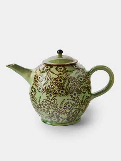 Poterie D’évires Poterie D'évires Flowers Hand-painted Ceramic Large Teapot In Green