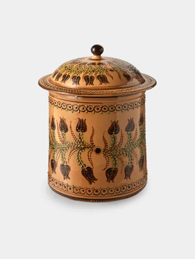 Poterie D’évires Poterie D'évires Flowers Hand-painted Ceramic Lidded Pot In Brown