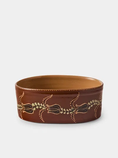 Poterie D’évires Poterie D'évires Flowers Hand-painted Ceramic Mini Oval Dish In Brown