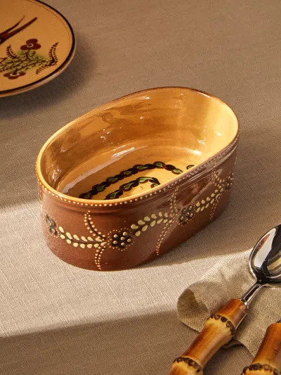 Poterie D’évires Poterie D'évires Flowers Hand-painted Ceramic Mini Oval Dish In Brown