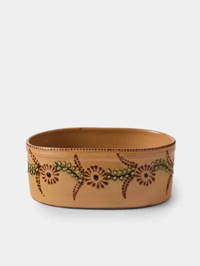 Poterie D’évires Poterie D'évires Flowers Hand-painted Ceramic Mini Oval Dish In Brown