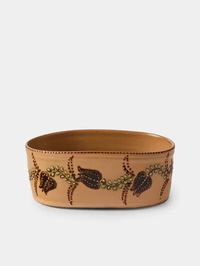 Poterie D’évires Poterie D'évires Flowers Hand-painted Ceramic Mini Oval Dish In Brown