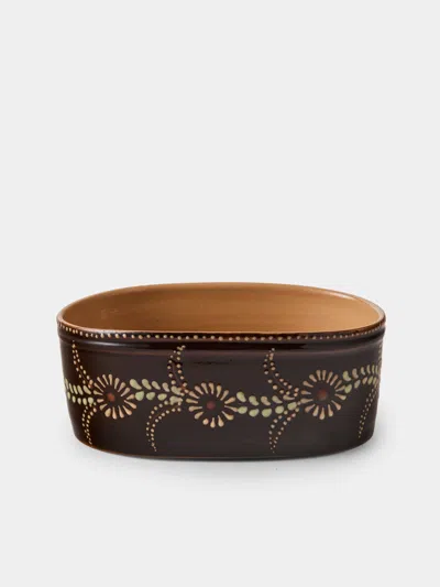 Poterie D’évires Poterie D'évires Flowers Hand-painted Ceramic Mini Oval Dish In Brown