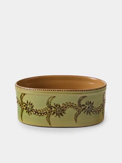 Poterie D’évires Poterie D'évires Flowers Hand-painted Ceramic Mini Oval Dish In Green