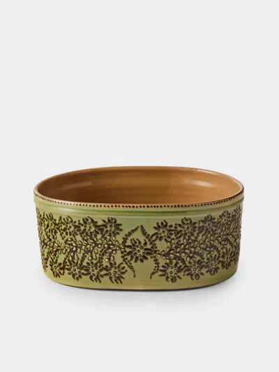 Poterie D’évires Poterie D'évires Flowers Hand-painted Ceramic Oval Dish In Green