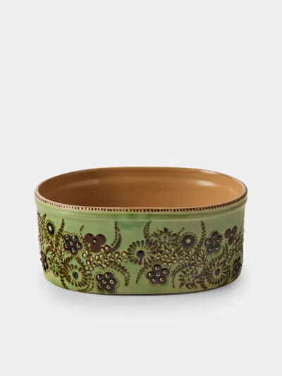 Poterie D’évires Poterie D'évires Flowers Hand-painted Ceramic Oval Dish In Green