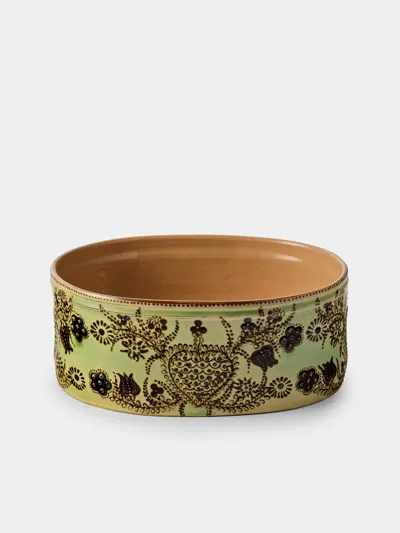 Poterie D’évires Poterie D'évires Flowers Hand-painted Ceramic Oval Dish In Green