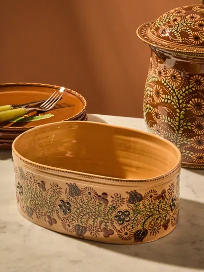 Poterie D’évires Poterie D'évires Flowers Hand-painted Ceramic Oval Dish In Brown
