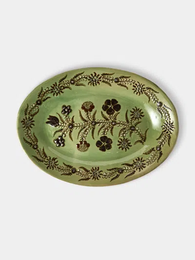 Poterie D’évires Poterie D'évires Flowers Hand-painted Ceramic Oval Platter In Green