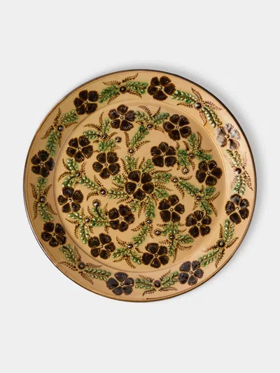 Poterie D’évires Poterie D'évires Flowers Hand-painted Ceramic Round Platter In Brown