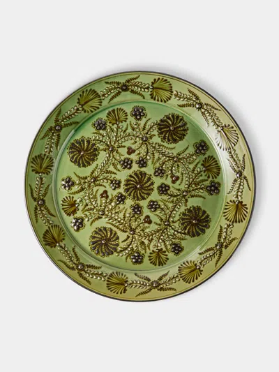 Poterie D’évires Poterie D'évires Flowers Hand-painted Ceramic Round Platter In Green