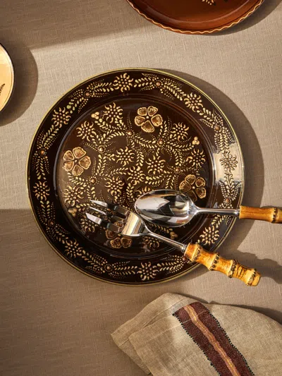 Poterie D’évires Poterie D'évires Flowers Hand-painted Ceramic Round Platter In Brown