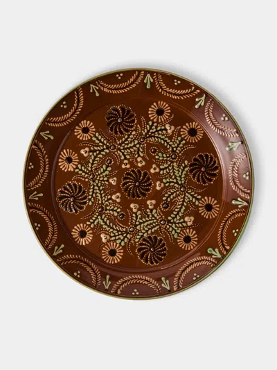 Poterie D’évires Poterie D'évires Flowers Hand-painted Ceramic Round Platter In Brown