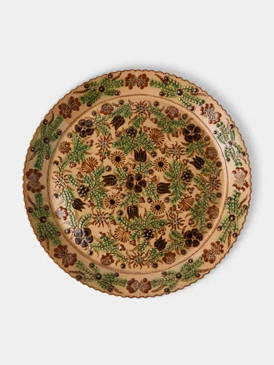 Poterie D’évires Poterie D'évires Flowers Hand-painted Ceramic Round Platter In Brown